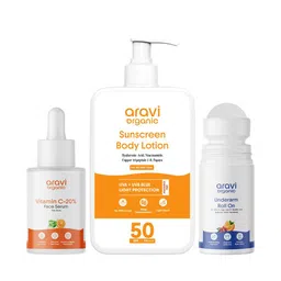 Aravi Organic Set Of 3 Vitamin C Serum- 30 ml- Sunscreen Body Lotion- 200 ml- Roll On-50ml-picture-9
