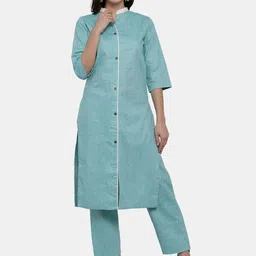 Aarsha Mandarin Collar Pure Cotton Straight Kurta With Trousers-16