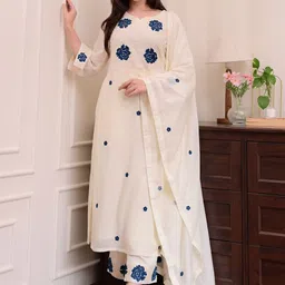 KALINI Floral Embroidered Sequinned V-Neck Kurta with Trousers & Dupatta-picture-36