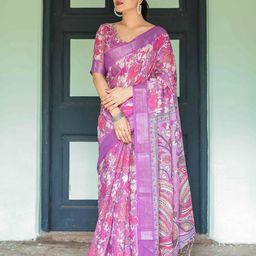 SGF11 Floral Pure Linen Handloom Saree-image-43