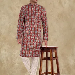 Tesmare Men Quirky Printed Cold-Shoulder Sleeves Thread Work Kurta-9