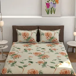 MOGNE FAB White & Brown Floral Cotton Fitted 210 TC King Bedsheet Set 2.28 m x 2.54 m-image-58