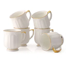 CLAY CRAFT White & Gold Toned 6 Pieces Printed Ceramic Glossy Cups - 180 ML Each image 2