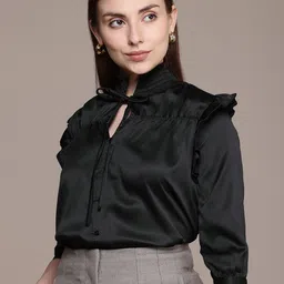 French Connection Tie-Up Neck Ruffled Smocked Shirt Style Top-image-75