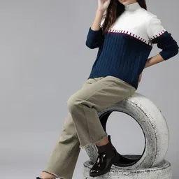 Roadster Women White & Navy Blue Colourblocked Acrylic Pullover-50