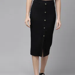Roadster Black Ribbed Pencil Midi Skirt-image-17