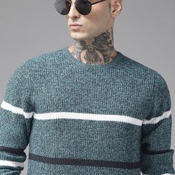 The Roadster Lifestyle Co. Men Teal Green & White Striped Acrylic Pullover-image-92
