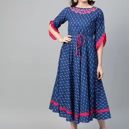 YASH GALLERY Women Blue & White Printed A-Line Dress-image-86