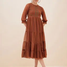 Antheaa Brown Dobby Woven Embellished Maxi Tiered Dress-image-8
