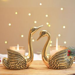 BEHOMA Gold-Toned 2 Pieces Textured Swans Candle Holder-53