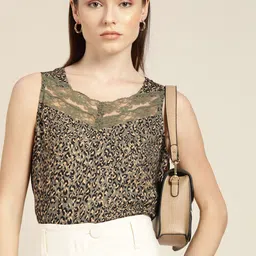 her by invictus Women Olive Green & Black Animal Print Top With Lace Inserts Detail-image-48