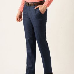 Peter England Men Blue Checked Slim Fit Formal Trousers-image-55