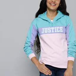 JUSTICE Girls Blue & Pink Colourblocked Hooded Sweatshirt-image-102