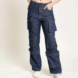 Bene Kleed Dark Blue Cotton Straight Fit High Rise Cargo Jeans-picture-23