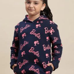Kidsville Barbie Printed Navy Hoodie For Girls-image-22