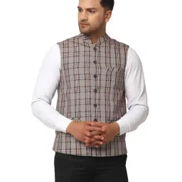 NEUDIS Brown Sleeveless Checks Nehru Jacket-image-73