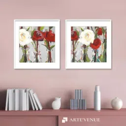 ARTE'VENUE Red Romantic Blossoms Red & Grey Paper Wall Arts - Set of 2 (13 X 13 inch Each)-18