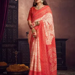 Satrani Cream & Red Cotton Silk Printed Saree With Unstitched Blouse image 1