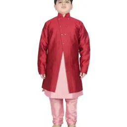 SG Yuvraj Kids Maroon & Pink Textured Pattern Full Sleeves Kurta Set-image-53