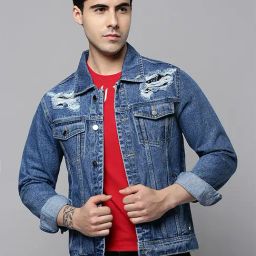 SHOWOFF Blue Cotton Comfort Fit Printed Denim Jacket-image-42
