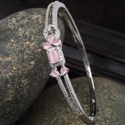 Zeneme Rhodium Plated Silver Toned Crystal Pink AD Studded Flower Kada Bracelet-image-79