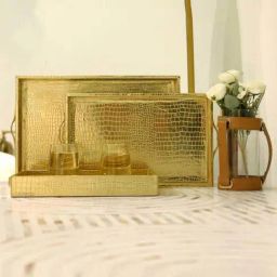 CasaGold Gold Premium Leather Serving Tray- Set of 3-29