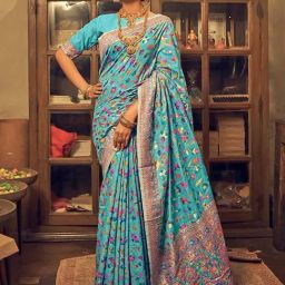 SHUBHKALA Turquoise Silk Woven Saree With Unstitched Blouse-image-79