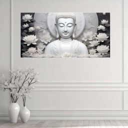 Nestroots White & Grey Buddha Surrounded By White Flowers Wall Painting - Black Floating Frame-image-41