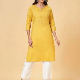 Rangmanch by Pantaloons Yellow Cotton Embroidered Straight Kurta-picture-5