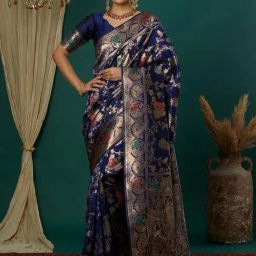 Satrani Navy Blue Silk Blend Woven Saree With Unstitched Blouse-image-92