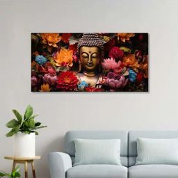 Nestroots Multicolor Canvas Buddha Surrounded By Vibrant Blossoms Wall Painting - Single Frame-45