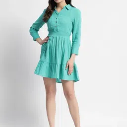MADAME Sea Green Textured Fit & Flare Dress-image-1