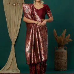 Satrani Maroon Silk Blend Woven Saree With Unstitched Blouse-image-21