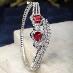 Zeneme Rhodium Plated Silver Red American Diamond Leaf Kada Bracelet-image-59