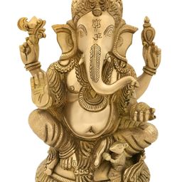 Exotic India Gold-Toned Lord Ganesha Seated on Small Round Chowki Idol Showpiece-65
