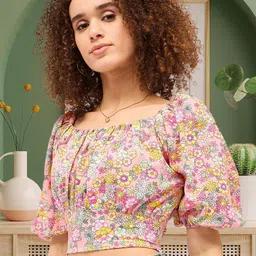 DressBerry Floral Print Flared Sleeve Cotton Bardot Crop Top-picture-15