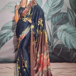 Satrani Blue Floral Print Saree With Unstitched Blouse-picture-42
