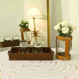 CasaGold Tan Brown Premium Leather Serving Tray with Handles-19