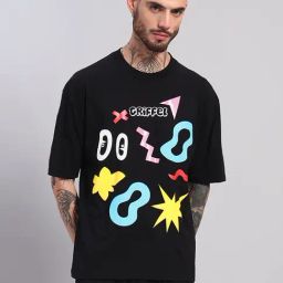 Griffel Black Cotton Loose Fit Printed T-Shirt-image-48