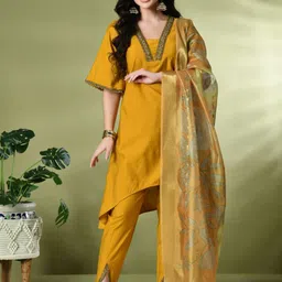 Sangria Square Neck Flared Sleeves High-Low A-Line Kurta With Dhoti Pant & Dupatta image 1