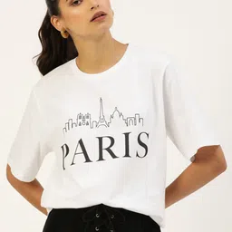 DILLINGER Women White Printed Round Neck  Longline Oversized Pure Cotton T-shirt-image-31