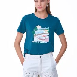 Cover Story Teal Cotton Graphic Print T-Shirt-image-24