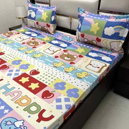 Pure Decor Blue & Green Cartoon Characters 260 TC Queen Bedsheet with 2 Pillow Covers-image-90