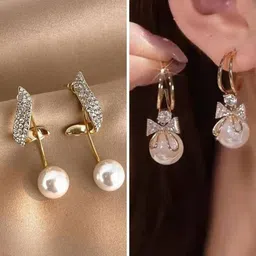 DressBerry Set Of 2 Artficial Stones Studded And Beaded Contemporary Shaped Drop Earrings-14