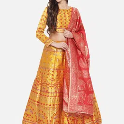 Mr Y Printed Women Banarasi Silk Semi-Stitched Lehenga & Unstitched Blouse With Dupatta-image-12