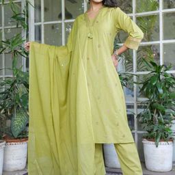 KALINI Geometric Embroidered V-Neck Pure Cotton Kurta With Trousers & Dupatta-picture-34