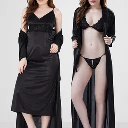 Dreambe Women V-Neck Satin Three-Quarter Sleeves Maxi Nightdress-image-10