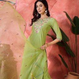 Sangria Women Sequinned Embroidered Straight Kurta & Trousers With Dupatta-24