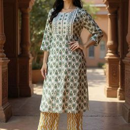 Rangita Floral Embroidered Round Neck Straight Mirror Work Kurta With Trousers-image-26