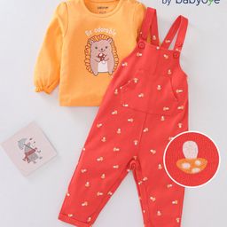 Babyoye Cotton Full Sleeves Tee with Dungaree Style Romper Mushroom Print - Orange and Red-image-70
